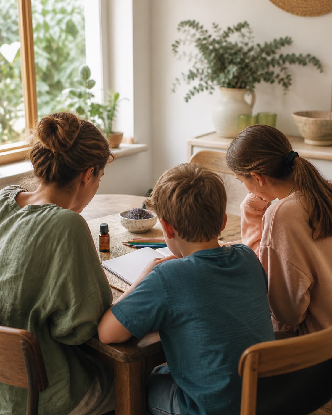 Eine Mutter sitzt mit einem Schulkind und einer Jugendlichen gemeinsam am Tisch