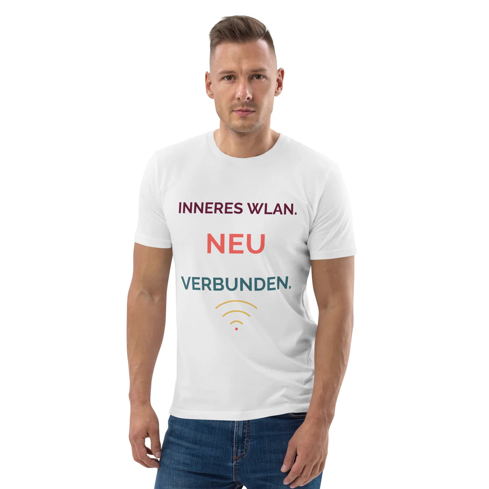 Bio-Leiberl – Inneres WLAN. Neu verbunden. in Weiß – Vorderansicht