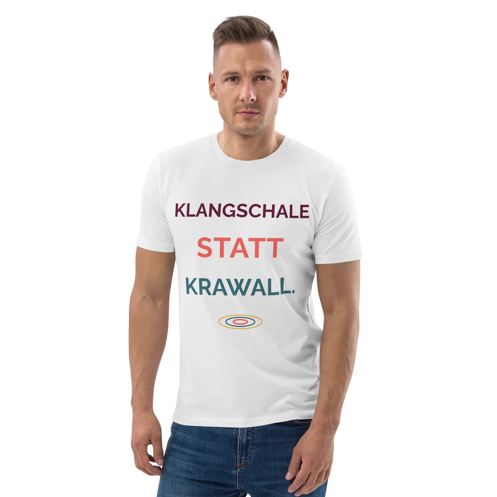 Bio-Leiberl – Klangschale statt Krawall. in Weiß – Vorderansicht