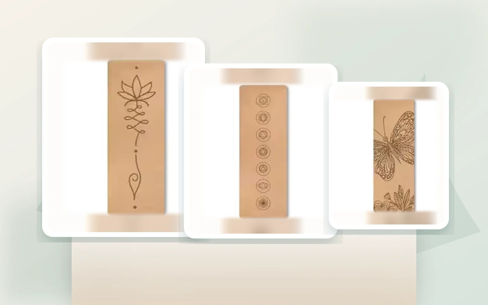 Auswahl naturfarbener Yogamatten mit Lotus-, Chakra- und Schmetterlingsdesign