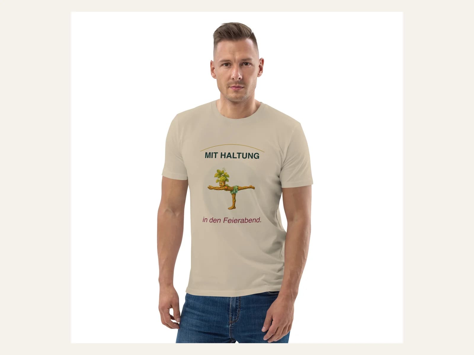 Mit Haltung in den Feierabend. – Rebi Herren Bio-Shirt in Weiß – Herren-Modelansicht