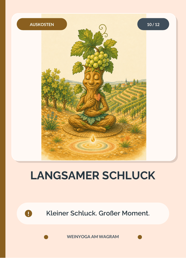WEINYOGA-Karte Langsamer Schluck mit Rebi in einer achtsamen Sitzhaltung