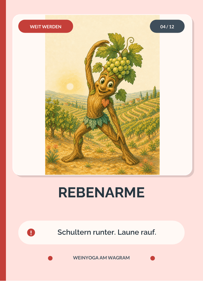 WEINYOGA-Karte Rebenarme mit Rebi in einer seitlichen Dehnung