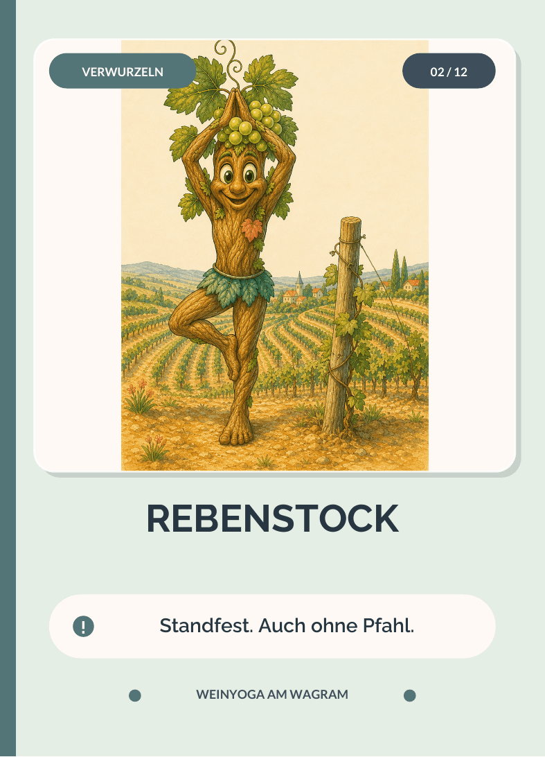 WEINYOGA-Karte Rebenstock mit Rebi in einer Baumhaltung