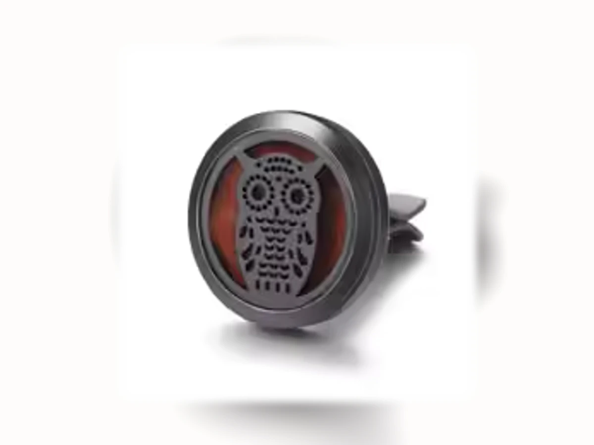 Schwarzer runder Aromatherapie-Autoclip mit Motiv Eule