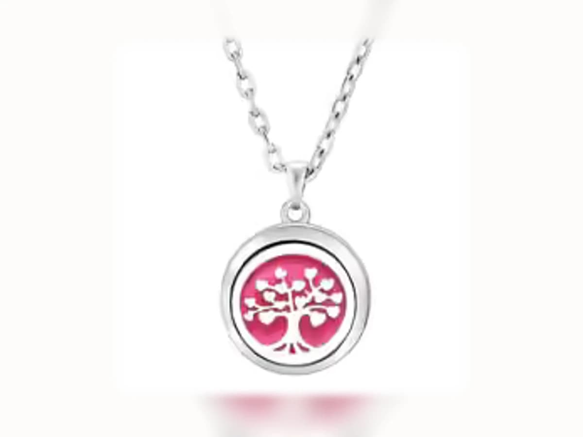 Silberfarbene Aromatherapie-Halskette mit Motiv Lebensbaum Pink
