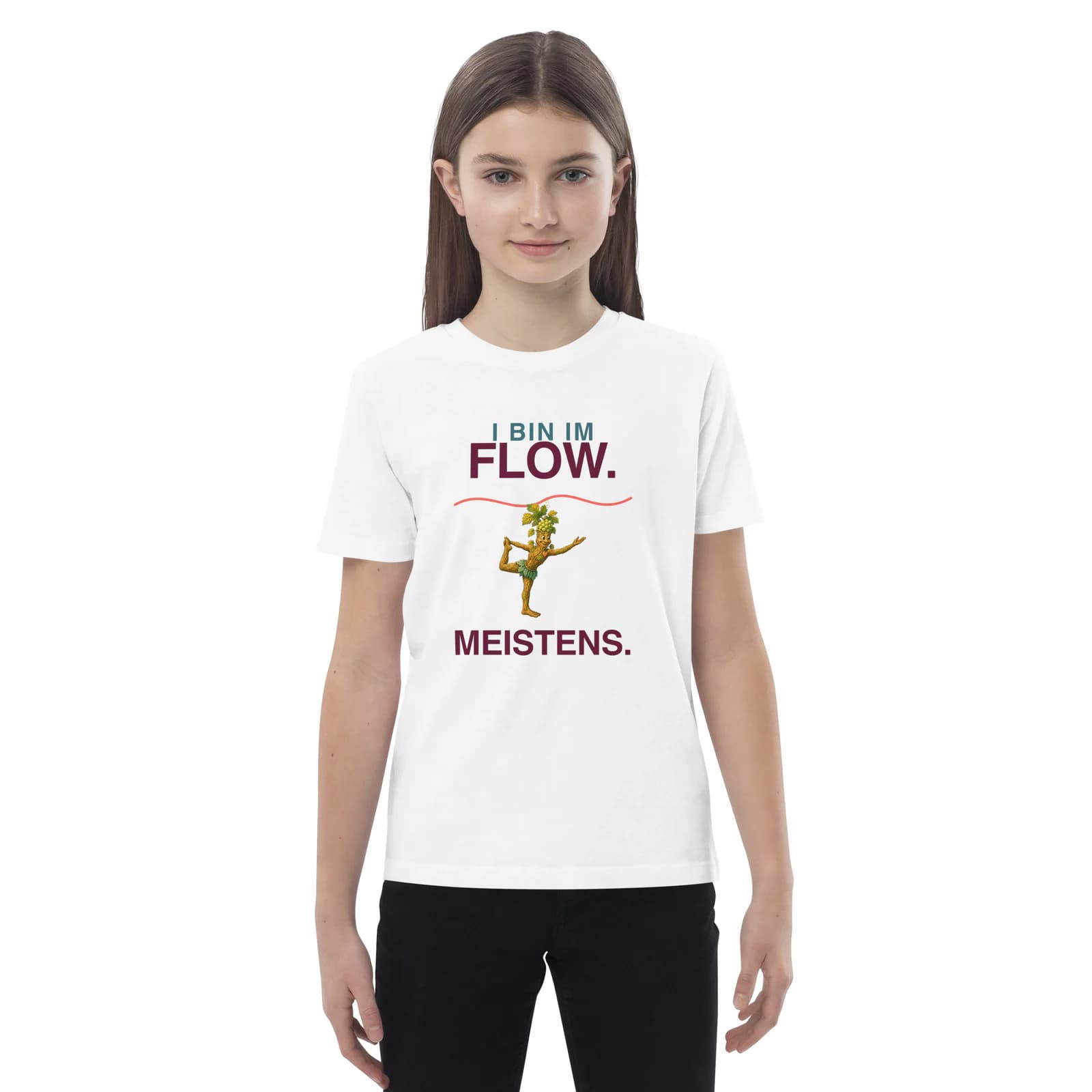 Kinder Bio-Leiberl – I bin im Flow. Meistens. in Weiß – Vorderansicht