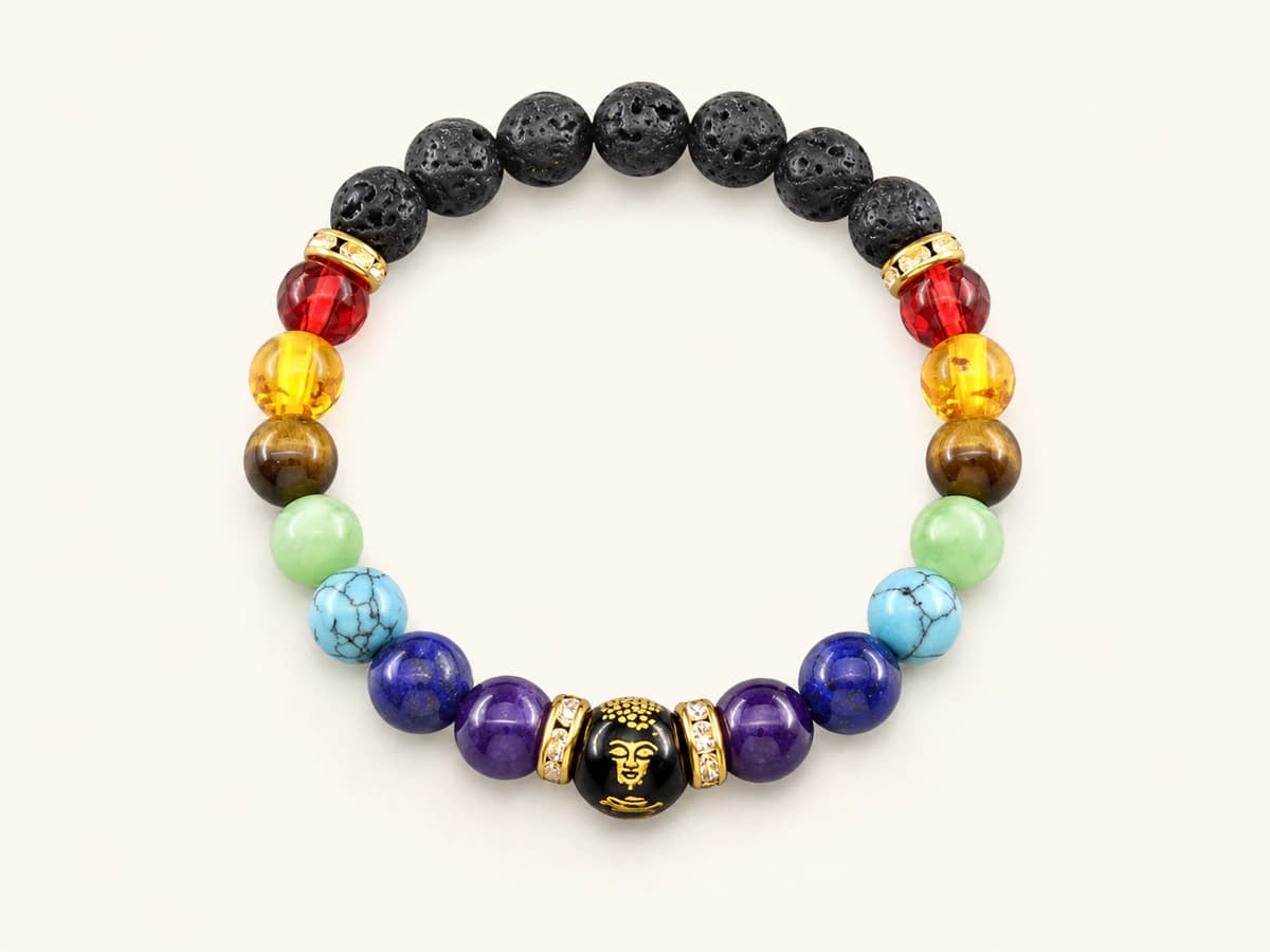 Dunkles 7-Chakra-Armband mit Lavastein, zwei Farbfolgen und Buddha-Perle