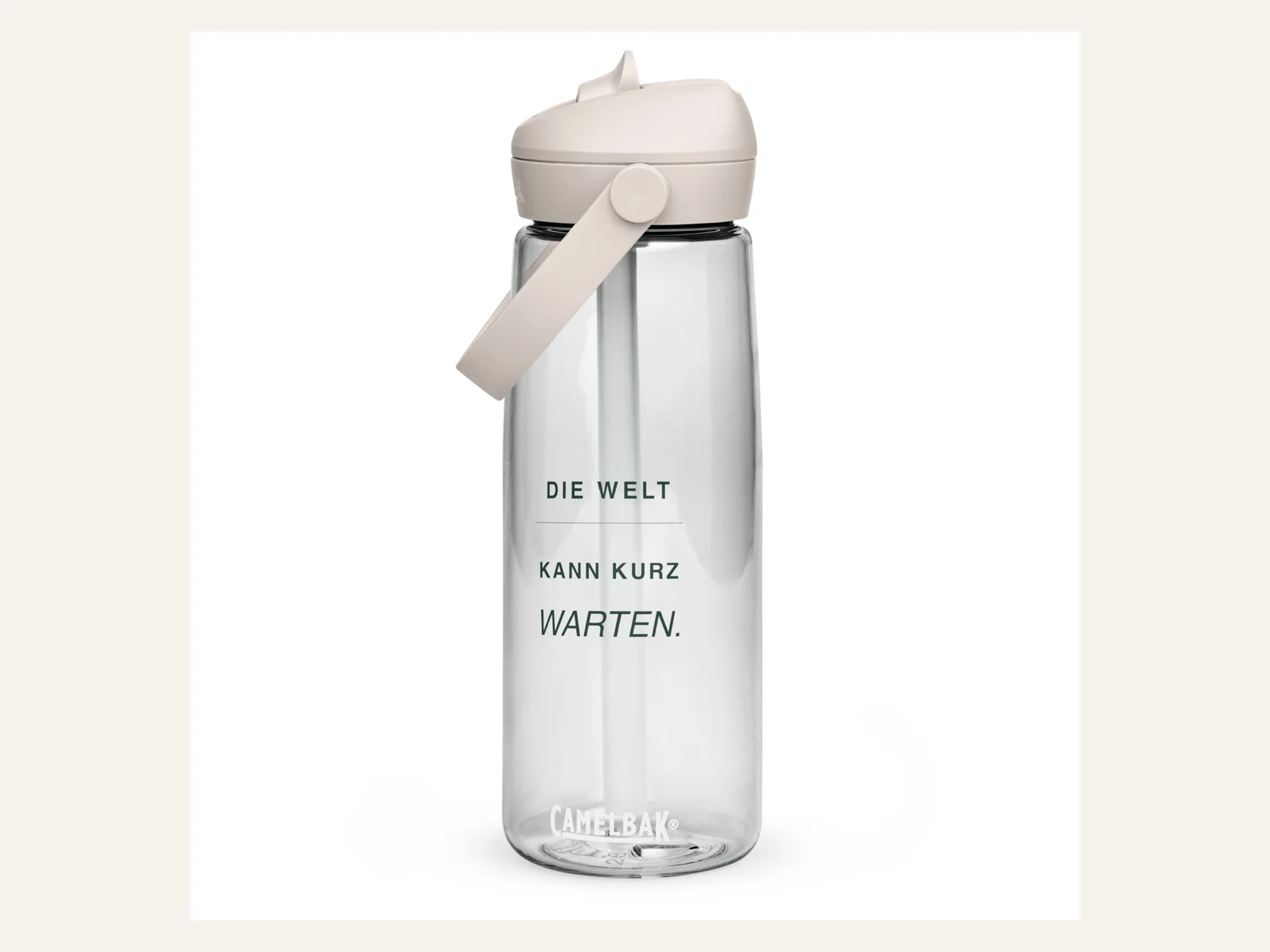 Die Welt kann kurz warten. Recycling-Trinkflasche in Transparent: Produktansicht