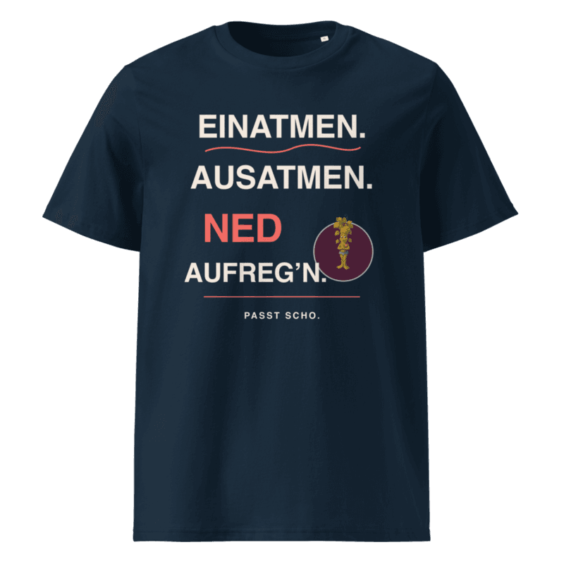 Rebi T-Shirt – Einatmen. Ausatmen. Ned aufreg’n. in French Navy als Printful-Produktansicht