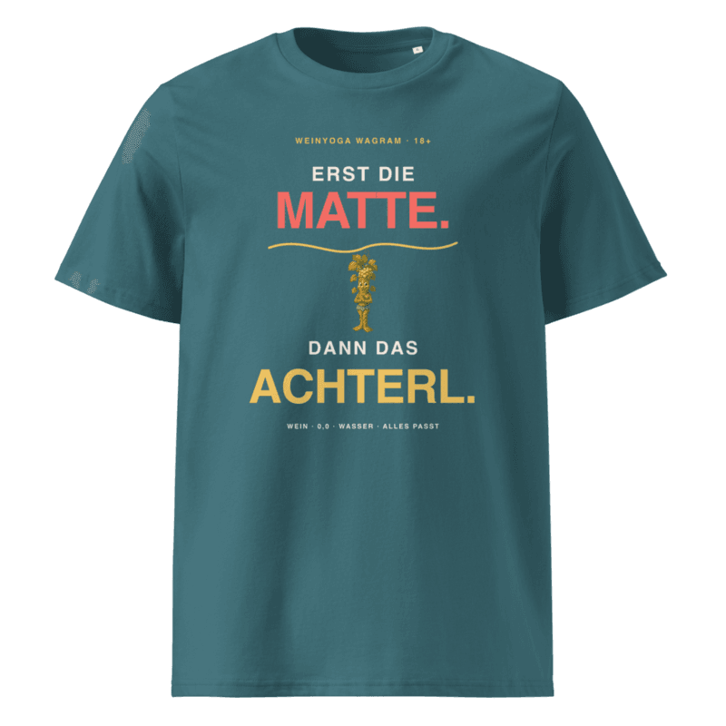 WEINYOGA T-Shirt – Erst die Matte. Dann das Achterl. in Stargazer als Printful-Produktansicht