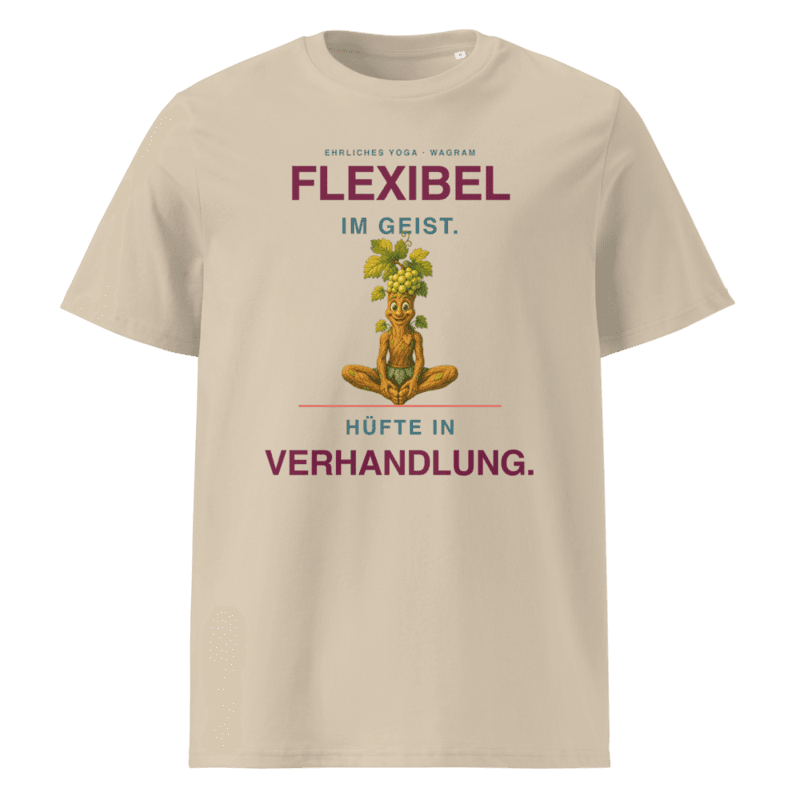 Rebi T-Shirt – Flexibel im Geist. Hüfte in Verhandlung. in Desert Dust als Printful-Produktansicht