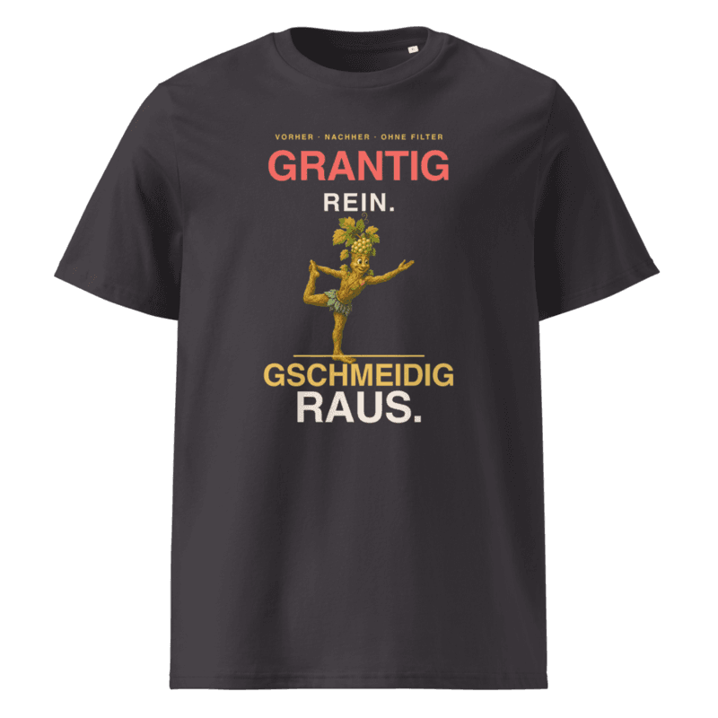 Rebi T-Shirt – Grantig rein. Gschmeidig raus. in Anthracite als Printful-Produktansicht