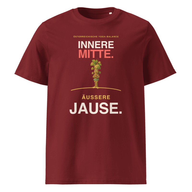 Rebi T-Shirt – Innere Mitte. Äußere Jause. in Burgundy als Printful-Produktansicht