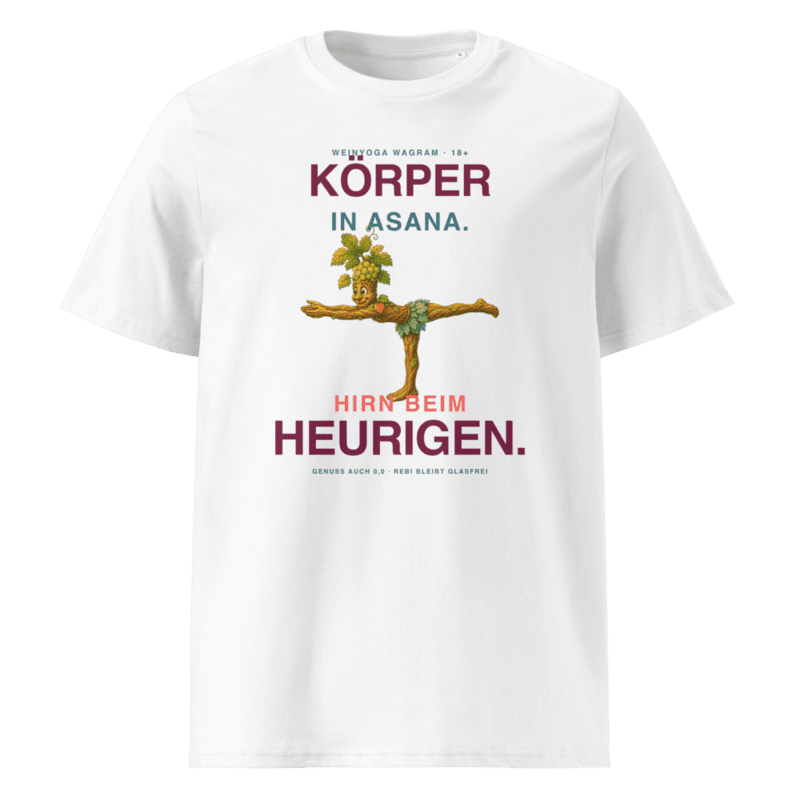 WEINYOGA T-Shirt – Körper in Asana. Hirn beim Heurigen. in White als Printful-Produktansicht