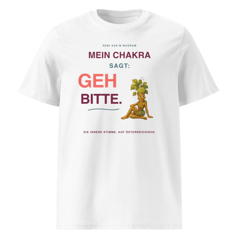 Rebi T-Shirt – Mein Chakra sagt: Geh bitte. in White als Printful-Produktansicht
