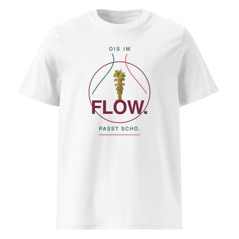 Rebi T-Shirt – Ois im Flow. Passt scho. in White als Printful-Produktansicht