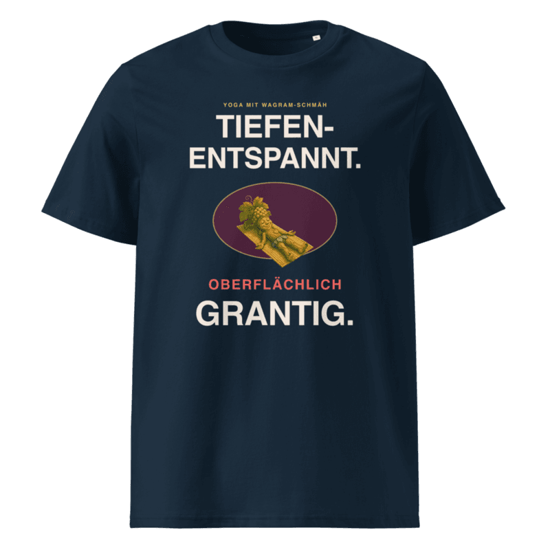 Rebi T-Shirt – Tiefenentspannt. Oberflächlich grantig. in French Navy als Printful-Produktansicht