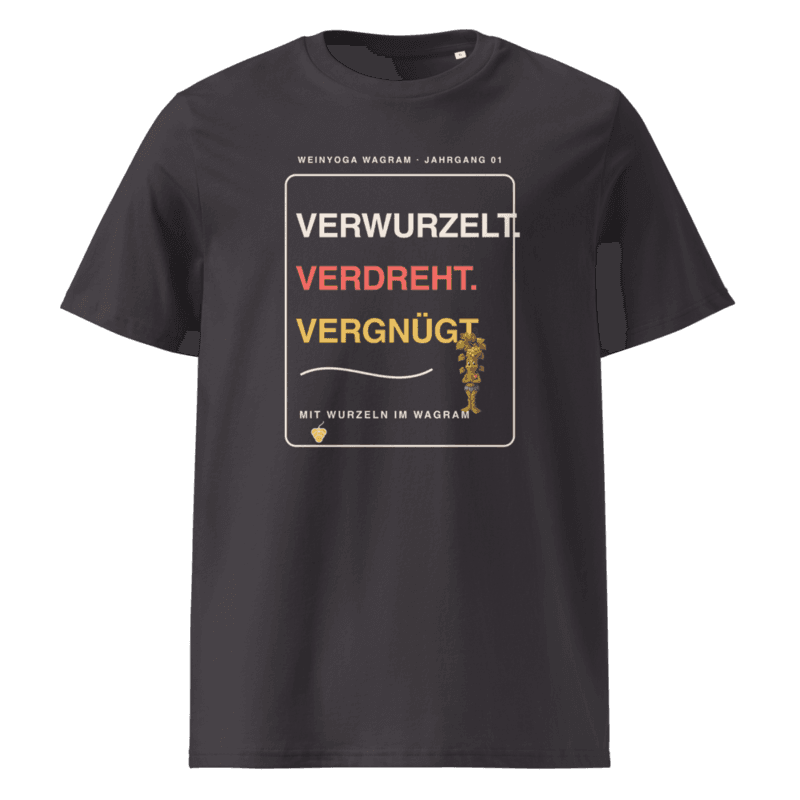 Rebi T-Shirt – Verwurzelt. Verdreht. Vergnügt. in Anthracite als Printful-Produktansicht