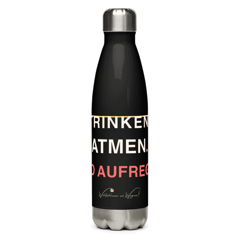 Yoga Trinkflasche – Trinken. Atmen. Ned aufreg’n. als Printful-Produktansicht