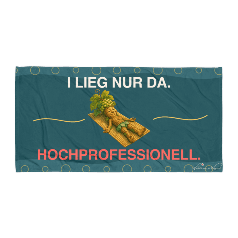 Rebi Yoga-Handtuch – I lieg nur da. Hochprofessionell. als Printful-Produktansicht