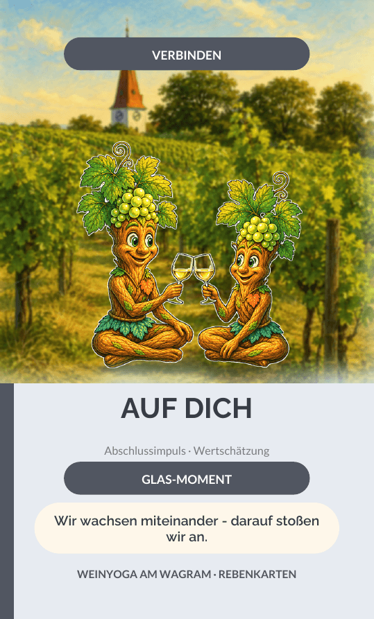 Aktuelle WEINYOGA-Rebenkarte Auf dich mit zwei Rebis beim gemeinsamen Anstoßen im Weingarten