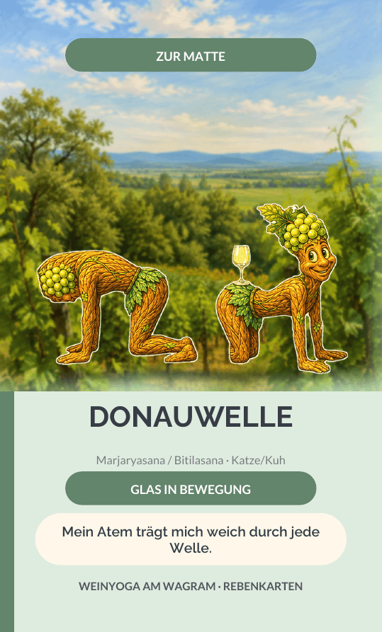 Aktuelle WEINYOGA-Rebenkarte Donauwelle mit Rebi in Katze und Kuh vor der Wagram-Landschaft