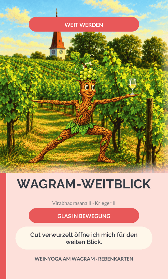 Aktuelle WEINYOGA-Rebenkarte Wagram-Weitblick mit Rebi im Krieger zwei vor der Königsbrunner Kirche