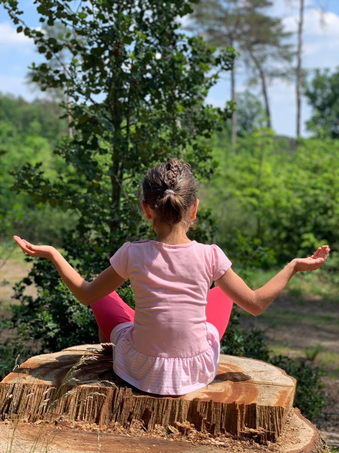 Kind sitzt ruhig im Meditationssitz auf einem Baumstumpf im Wald