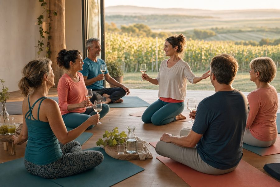 Gruppe auf Yogamatten mit Weingläsern und Blick auf Weingärten