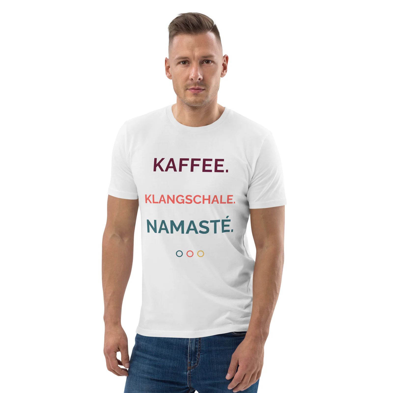 Bio-Leiberl – Kaffee. Klangschale. Namasté. in Weiß – Vorderansicht