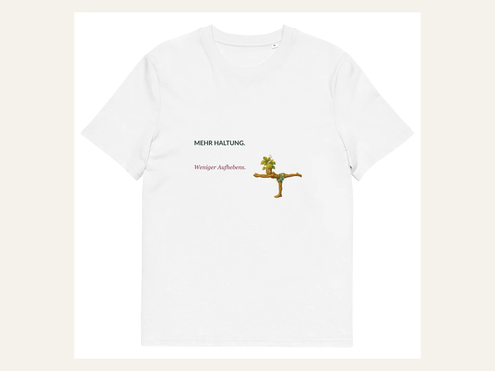 Mehr Haltung. Weniger Aufhebens. Rebi Unisex Bio-Shirt in Weiß: Vorderansicht