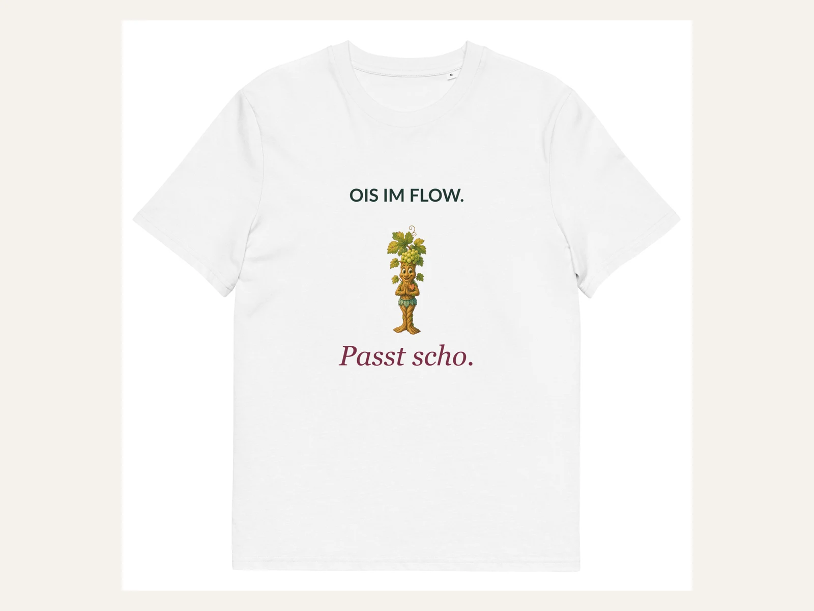 Ois im Flow. Passt scho. – Rebi Unisex Bio-Shirt in Weiß – Vorderansicht
