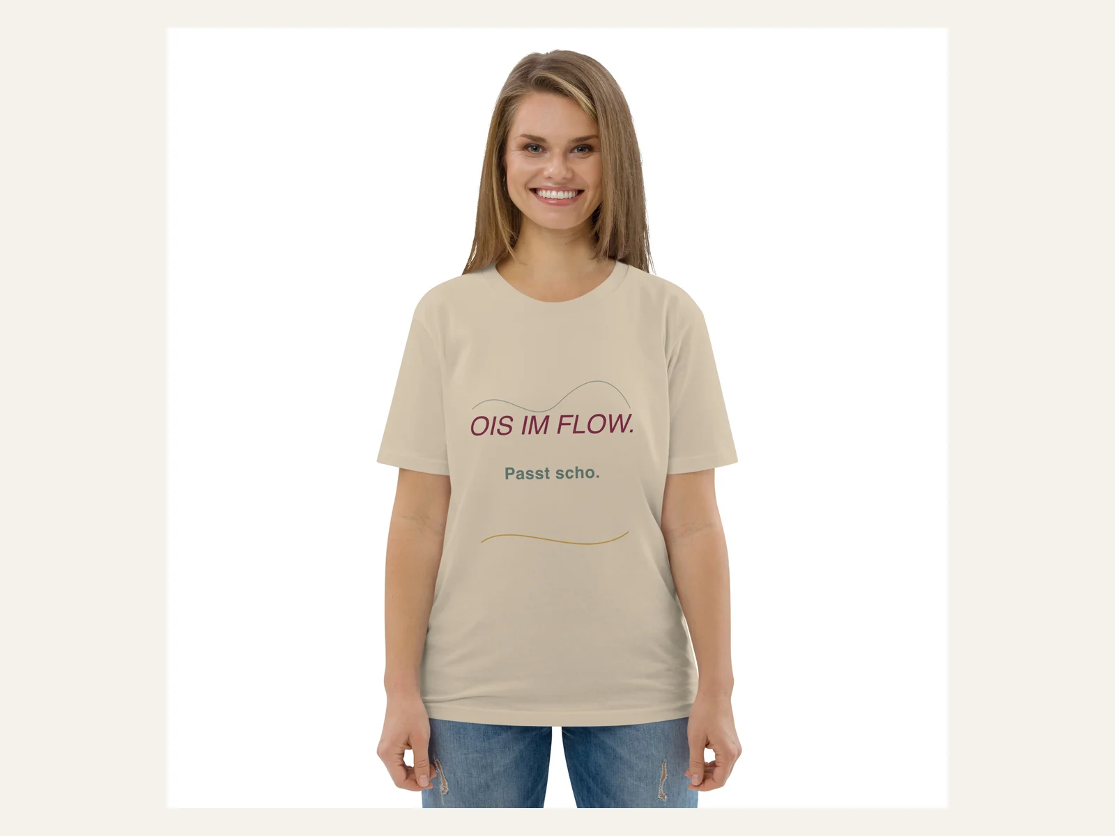 Ois im Flow. Passt scho. – Unisex Bio-Shirt in Weiß – Damen-Modelansicht